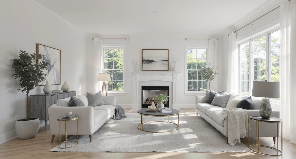 Essential listing photo virtually staged: a modern living room hero image with balanced lighting, proportionate furnishing, and strong visual impact to optimize real estate listings and boost home sale engagement.