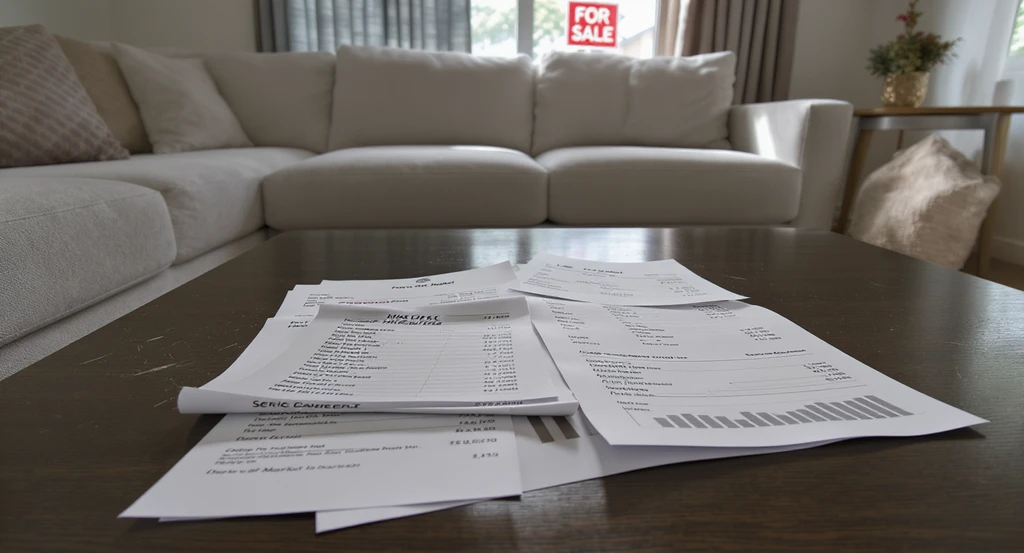 Realistic scene showing an empty living room with stacked bills for mortgage, utilities, taxes, and HOA fees, highlighting cost of a home sitting unsold and carrying costs versus virtual staging.