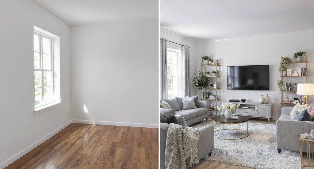 Side-by-side modern living room, left unfurnished and empty, right virtually staged with stylish furniture, illustrating how virtual staging reduces the cost of a home sitting unsold and addresses buyer psychology in real estate sales by optimizing listing photos.