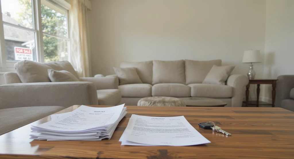 A staged but unsold living room with a for sale sign outside, utility bills and mortgage statement on the coffee table, illustrating real estate carrying costs and the impact of waiting versus investing in virtual staging to reduce time on market and optimize listing photos.
