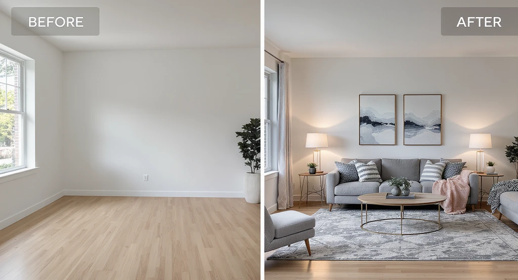 Modern living room shown empty versus virtually staged, illustrating how optimizing real estate listing photos with digital furnishings can reduce time on market and address buyer psychology, lowering the cost of a home sitting unsold.