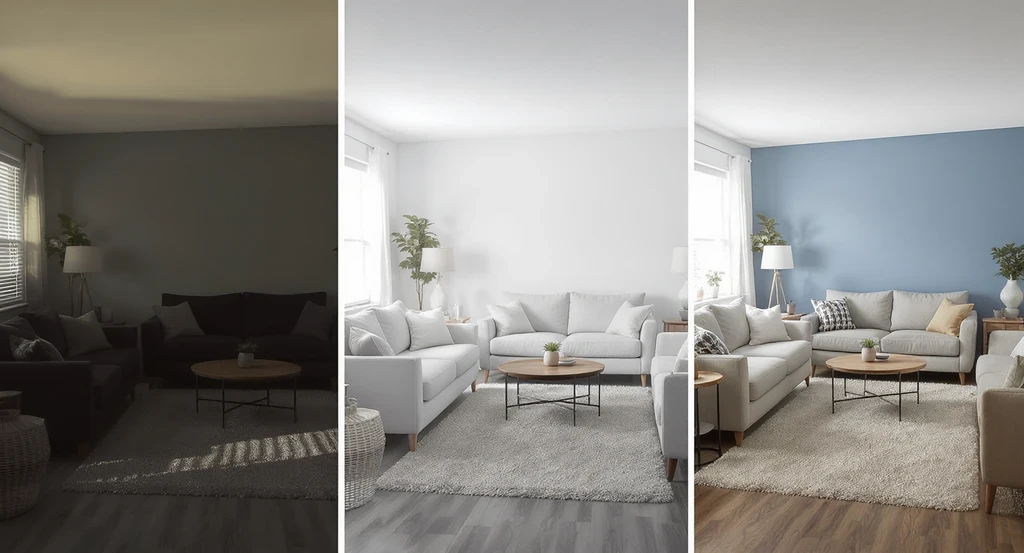 Three side-by-side listing photos of the same living room display inconsistent lighting, furniture, and color—showing how visual uncertainty can reduce buyer drop-off in real estate listings. Uses how AI agents improve listing conversion, visual confidence strategies for real estate sales, and boosting buyer trust with consistent listing photos.