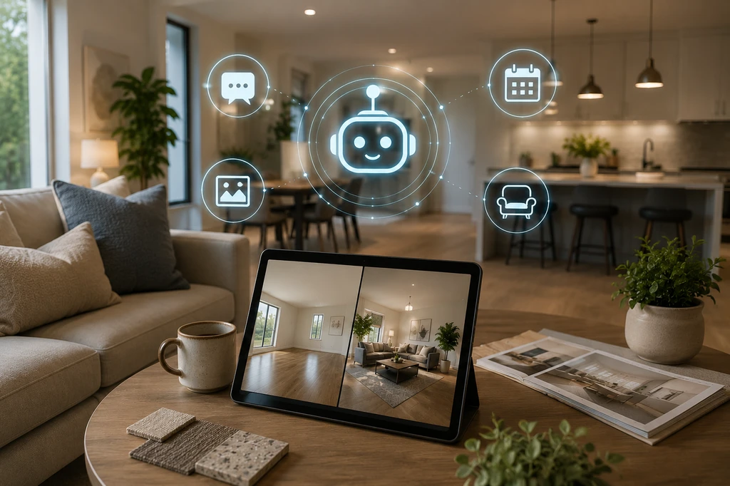 AI-powered real estate office with displays showing staged home images, material samples, and instant showing scheduler, reducing buyer drop-off.