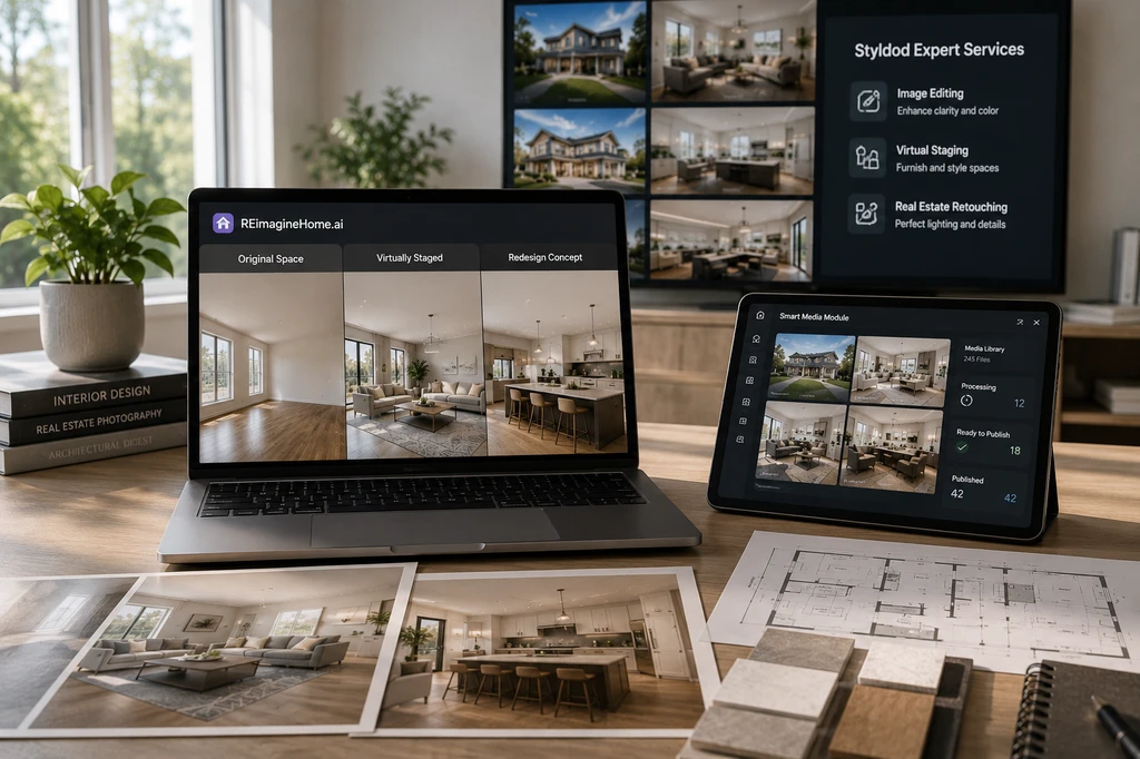 Ultra-realistic workspace showing a computer with virtual staging transformation, a tablet with listing workflow for real estate, and editing tools; demonstrates how AI agents improve listing conversion and boost buyer trust with consistent listing photos to reduce buyer drop-off.