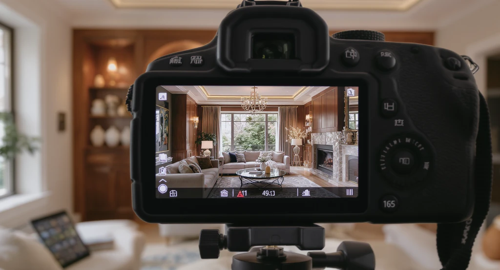 Renovated living room with custom finishes, seen through a camera viewfinder, highlighting renovation mistakes that hurt online listings and how to visualize remodel changes online.