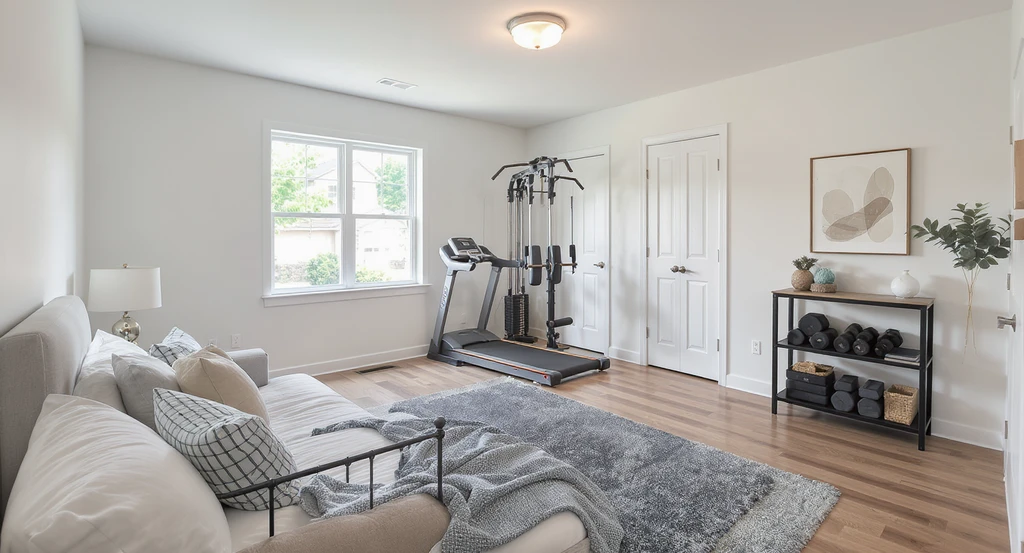 Modern home gym conversion in a former bedroom, illustrating renovation mistakes that hurt online listings and impact resale value visibility.