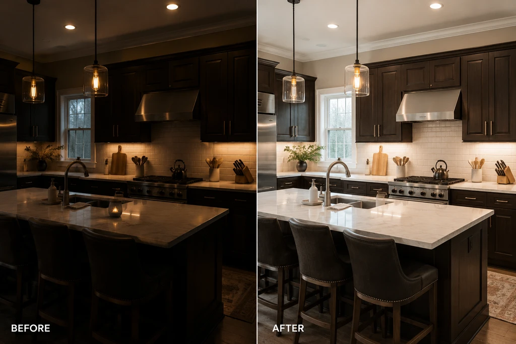 A modern kitchen features dark cabinets and dim lighting, illustrating renovation mistakes that hurt online listings and how to visualize remodel changes online. A clearer, well-lit kitchen in the background shows the impact of trendy home upgrades on resale and reveals how 10 design choices that distract buyers in listing photos can lessen appeal. Should I undo personalized renovations before selling?