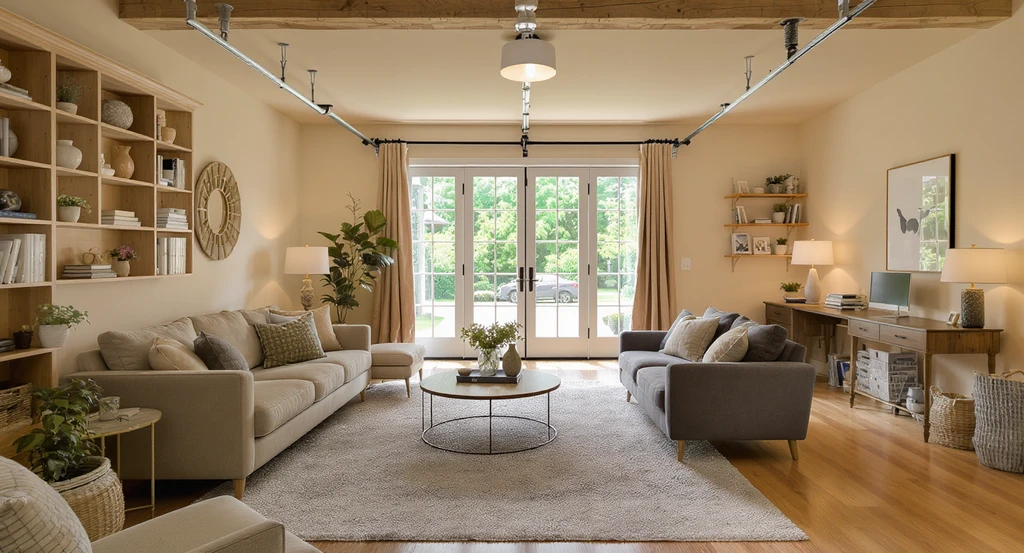 A garage conversion staged as a bright living area with sofas, large windows, hardwood floors, and subtle signs of its original garage structure showing. Renovation mistakes that hurt online listings, how to visualize remodel changes online, 10 Design Choices That Distract Buyers in Listing Photos, should I undo personalized renovations before selling, impact of trendy home upgrades on resale.
