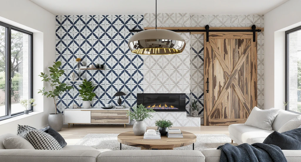 Modern living room with bold patterned tile wall, barn door, and sculptural lighting showing renovation mistakes that hurt online listings with trend-heavy upgrades.