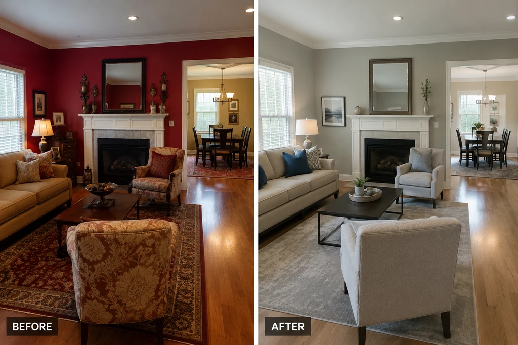 Living room with a bold red accent wall and neutral furniture showing how strong color choices can become renovation mistakes that hurt online listings and impact buyers online.