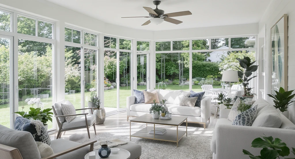 A spacious, staged sunroom with floor-to-ceiling windows, functional furniture, and natural light shows how purposeful renovations can avoid online listing mistakes and improve buyer perception.