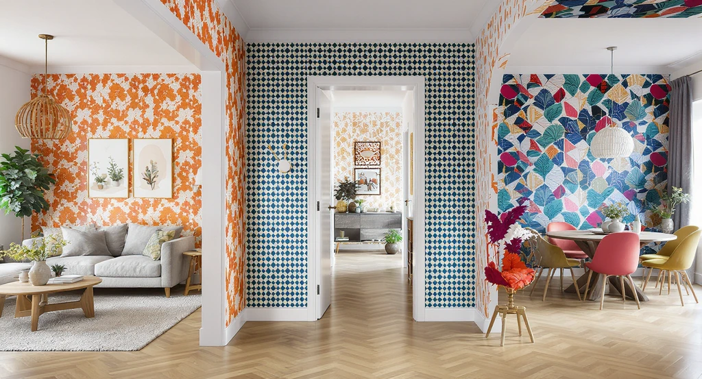 Open-concept home interior showing multiple rooms with bold, patterned wallpaper, illustrating renovation mistakes that hurt online listings and the impact of trendy home upgrades on resale value.