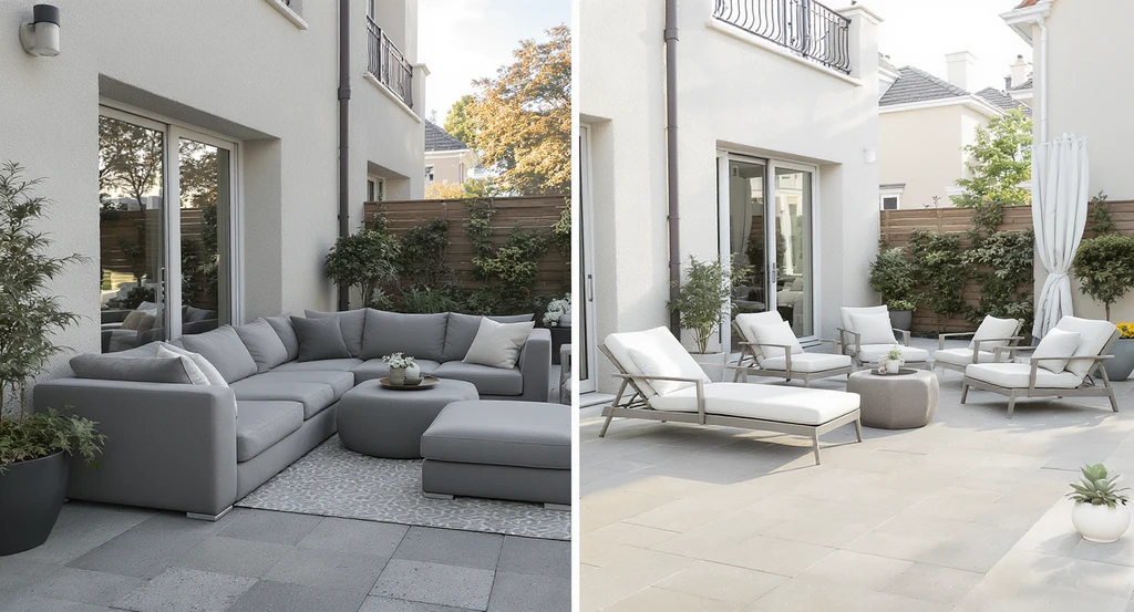 Outdoor staging mistakes that hurt listing photos—crowded patio with oversized furniture versus open patio with proportionate, lighter pieces, illustrating how outdoor decor affects real estate sales and showing tips for realistic outdoor staging.