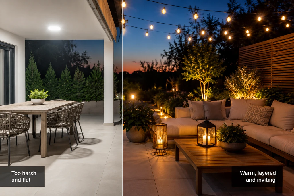 A realistic outdoor patio at dusk comparing harsh overhead lighting with soft, layered string lights and lanterns; best outdoor lighting for listing photos, outdoor staging mistakes that hurt listing photos, and tips for realistic outdoor staging.