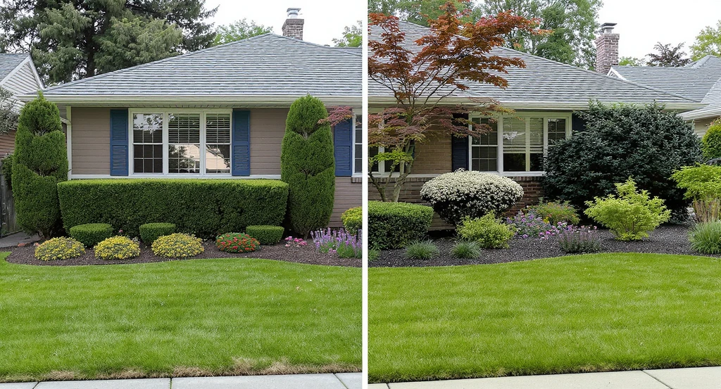 Outdoor staging mistakes that hurt listing photos shown as two front yards: one with overly perfect, uniform hedges and another with varied, authentic landscaping.