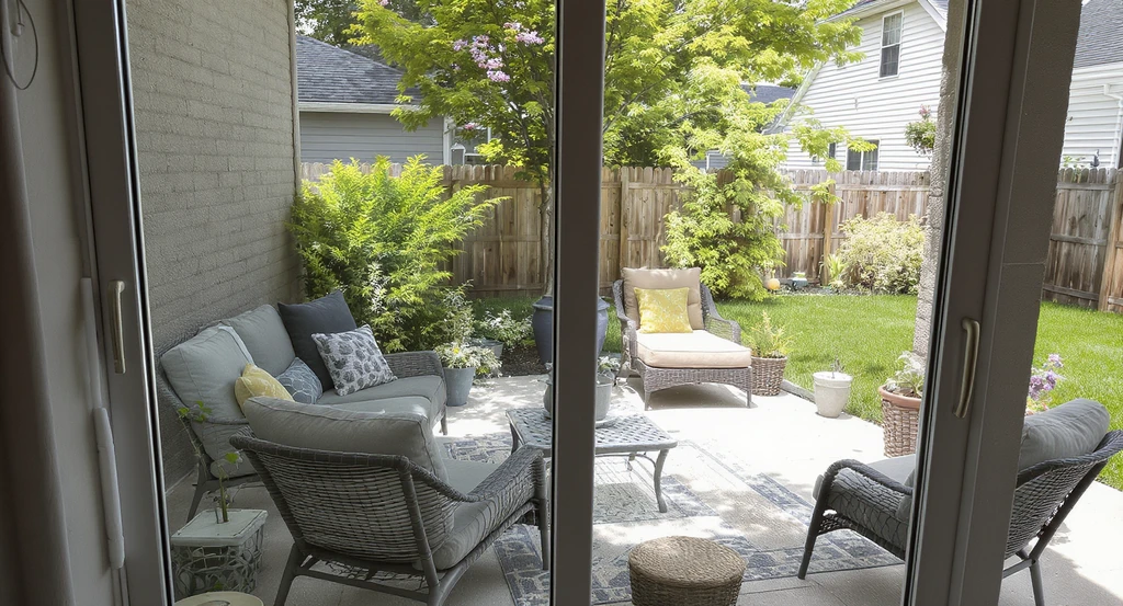 Photorealistic image of a suburban patio showing outdoor staging mistakes that hurt listing photos, including mismatched decor, harsh lighting, and cluttered accessories, demonstrating how outdoor decor affects real estate sales and the need for realistic outdoor staging for the best listing photos.
