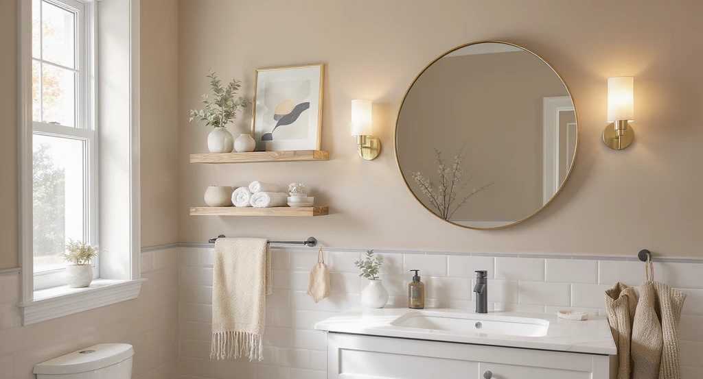 Modern bathroom walls decorated with a large round mirror, abstract nature-inspired wall art, floating shelves, and soothing atmospheric lighting—a realistic example of how to decorate a small bathroom wall with layered textures and best bathroom wall color combinations.