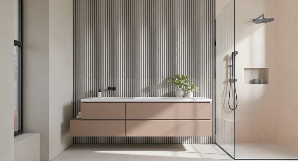 Modern bathroom wall decor featuring mushroom gray fluted wood slats, sand-tone microcement, and ribbed tile for creative small bathroom inspiration.