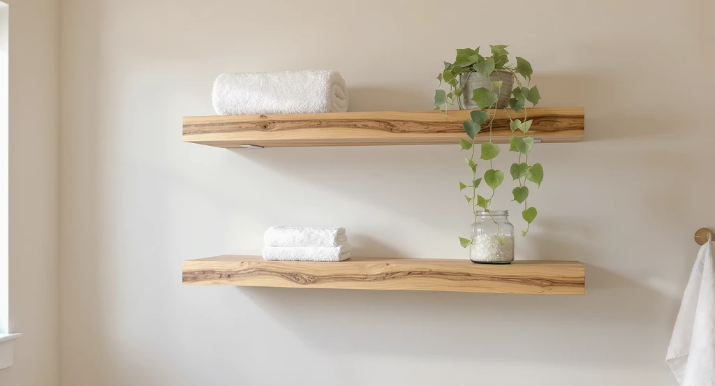 Modern bathroom with floating white oak shelves styled with a rolled towel, apothecary jar, and trailing plant, showcasing creative bathroom wall decor ideas and best color combinations for relaxing spa-inspired spaces.