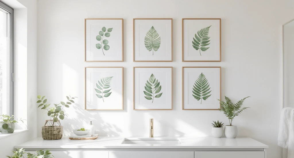 Modern bathroom wall decor idea showcasing a gallery grid of botanical art prints—eucalyptus and ferns—in moisture-resistant frames above a minimalist vanity, demonstrating how to decorate a small bathroom wall with calming, creative art inspiration.