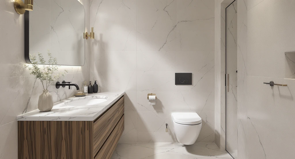 Modern bathroom wall decor ideas with a marble counter, wood vanity, matte black and brass fixtures, and mixed wall finishes for creative inspiration.
