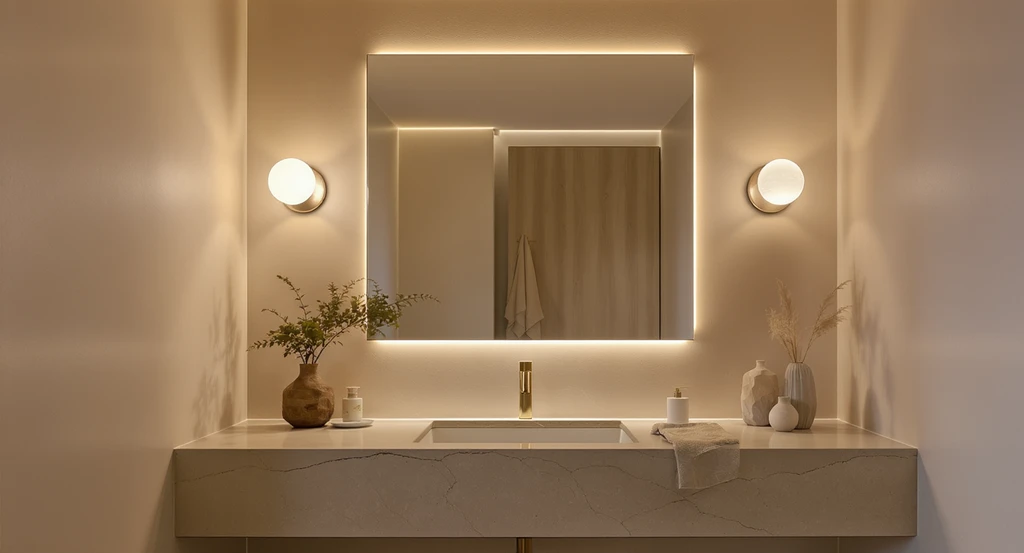 Modern bathroom wall decor idea showing layered spa lighting with globe sconces, indirect LED strips, and sculptural fixtures on neutral walls.