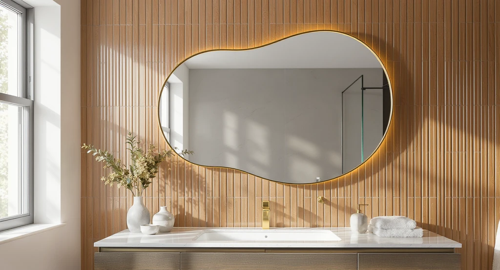 Modern bathroom wall decor idea featuring an oversized organic pebble-shaped brass-framed mirror on textured tile wall, demonstrating creative bathroom wall art inspiration and best bathroom wall color combinations.