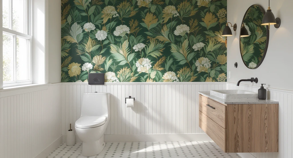 Small modern bathroom showcasing creative wall decor ideas with dramatic botanical wallpaper above white beadboard, highlighting the best color and texture combinations.