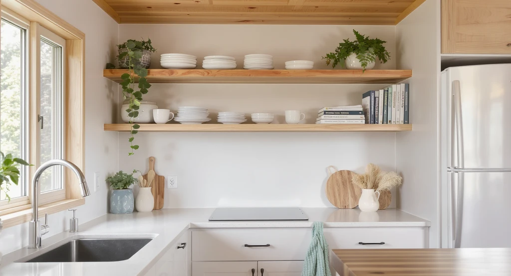 Open wood shelving in a tiny house kitchen styled with minimalist essentials, neutral decor, and clean lines—showcasing modern small kitchen remodel tips and tiny house living room design ideas for organized spaces.