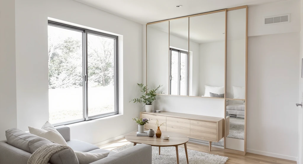 Tiny house living room design with a large wall mirror expertly placed to reflect natural light, making the compact space appear spacious and inviting.