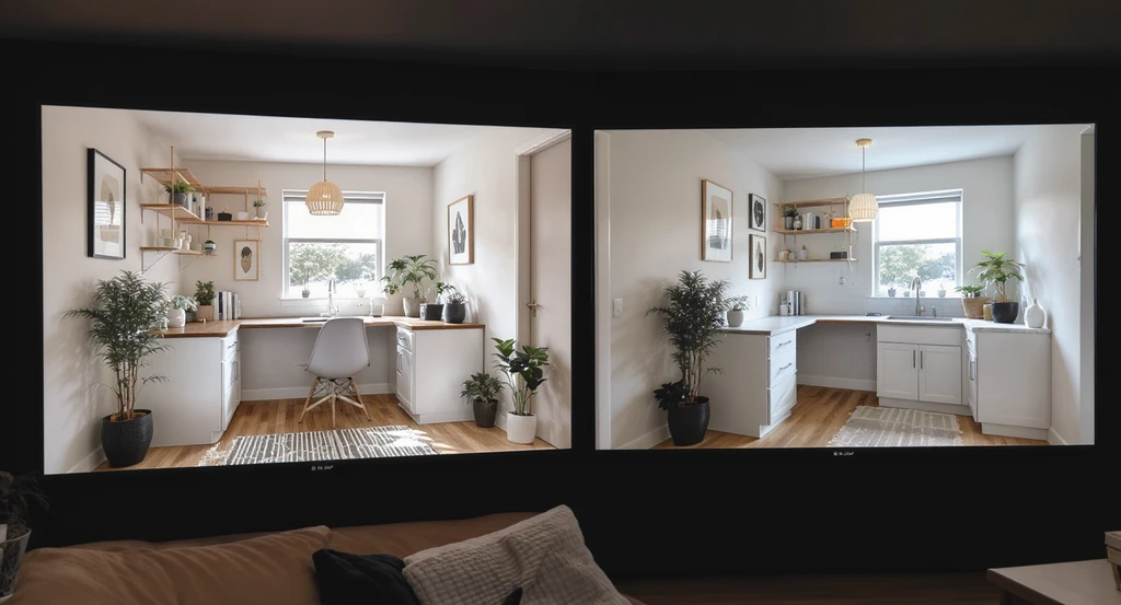 Tiny house home office setup with virtual 3D rendering preview, showcasing smart storage, compact desk, and modern small space layout ideas.