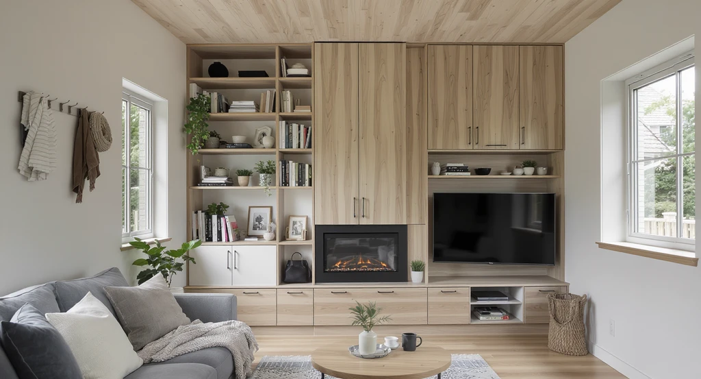 Modern tiny house living room with custom floor-to-ceiling shelving, built-in cabinetry, and wall hooks—showcasing the best storage solutions for small spaces.