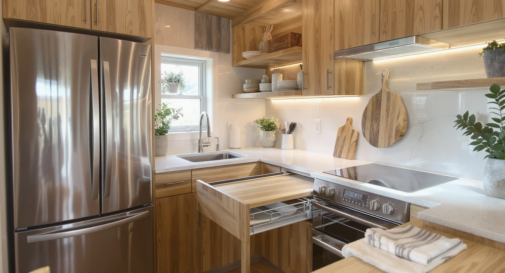 Highly efficient tiny house kitchen with pull-out counter, slim appliances, and easy-access storage, showcasing modern small kitchen remodel tips.