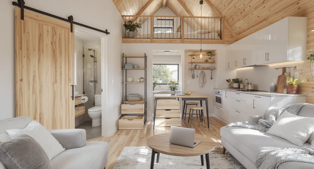 Modern tiny house interior illustrating best tiny house living room design ideas, efficient small kitchen remodel tips, compact bathroom layout, and home office setup in small spaces. Smart storage solutions for tiny bedrooms are visible throughout.