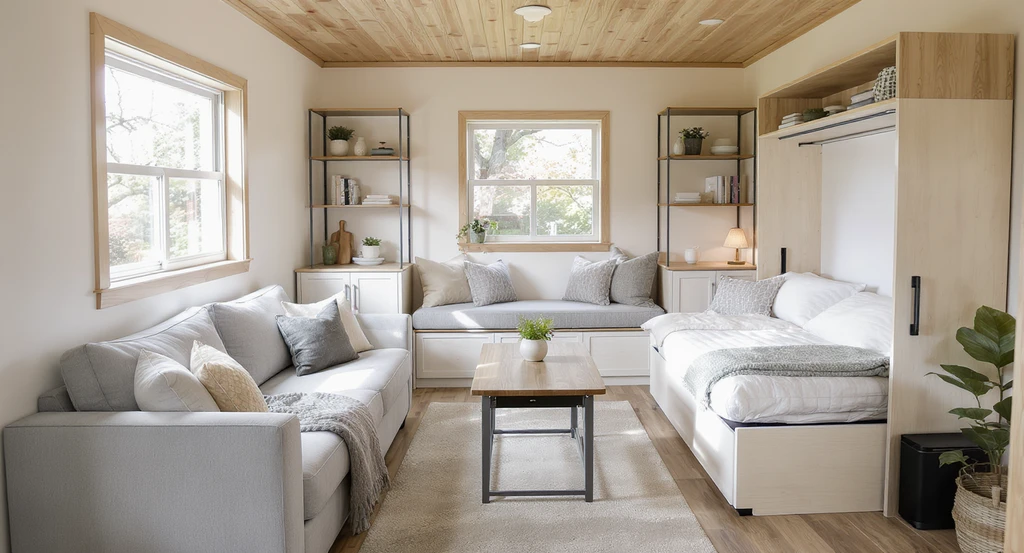 Tiny house living room with expert layout of multifunctional furniture: sofa bed, Murphy bed, storage bench, and lift-up table maximizing small space.