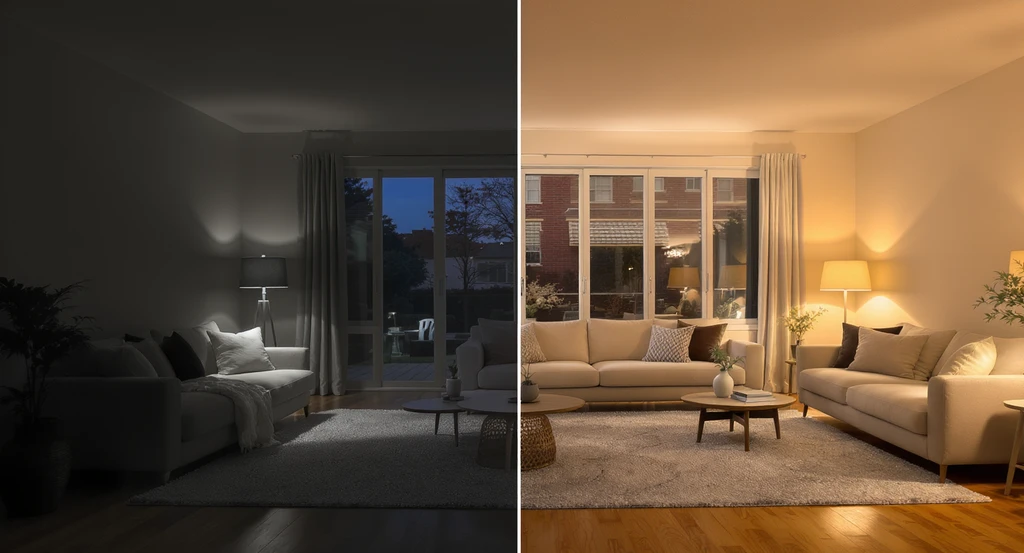 Modern living room showing the impact of poor lighting vs. layered lighting; demonstrates ai interior design tips for better lighting and color balance.