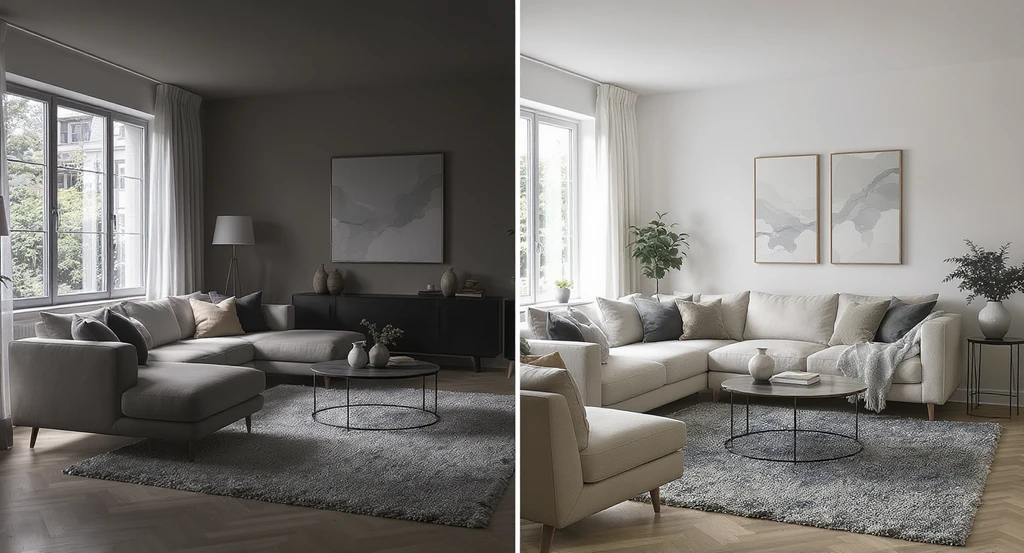 Modern living room split in two, showing a cold, photo-ready AI-designed setup on one side and a lived-in, practical, well-lit arrangement on the other; illustrates ai tools for fixing interior design mistakes, how to prevent overcrowding with ai room design, and ai interior design tips for better lighting.
