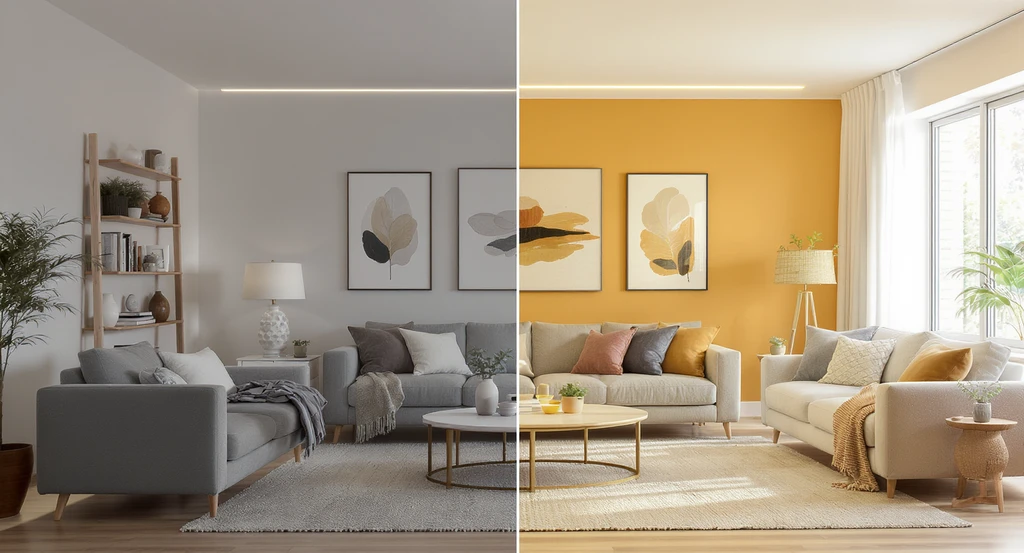 Modern living room split to show common home decorating mistakes like overcrowding and poor lighting, demonstrating how AI tools for fixing interior design mistakes and ai room design tips can enhance balance and color palettes.