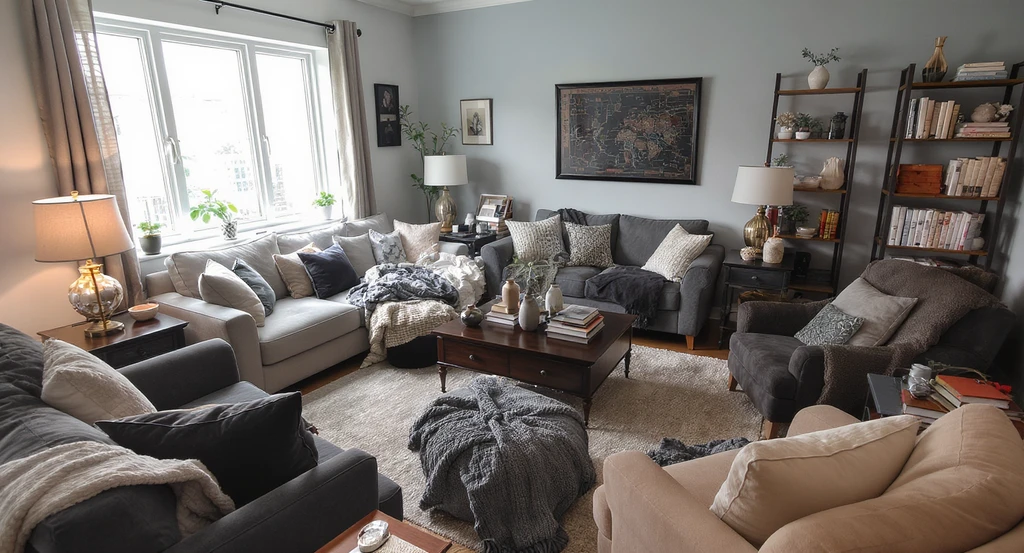 Photorealistic small living room overcrowded with sofas, armchairs, and decor, illustrating ai tools for fixing interior design mistakes and preventing clutter.