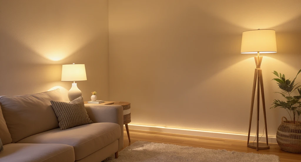 Budget-friendly living room with layered warm lighting, soft lamp glow on textured walls and rug, illustrating tricks to make empty spaces look luxurious.