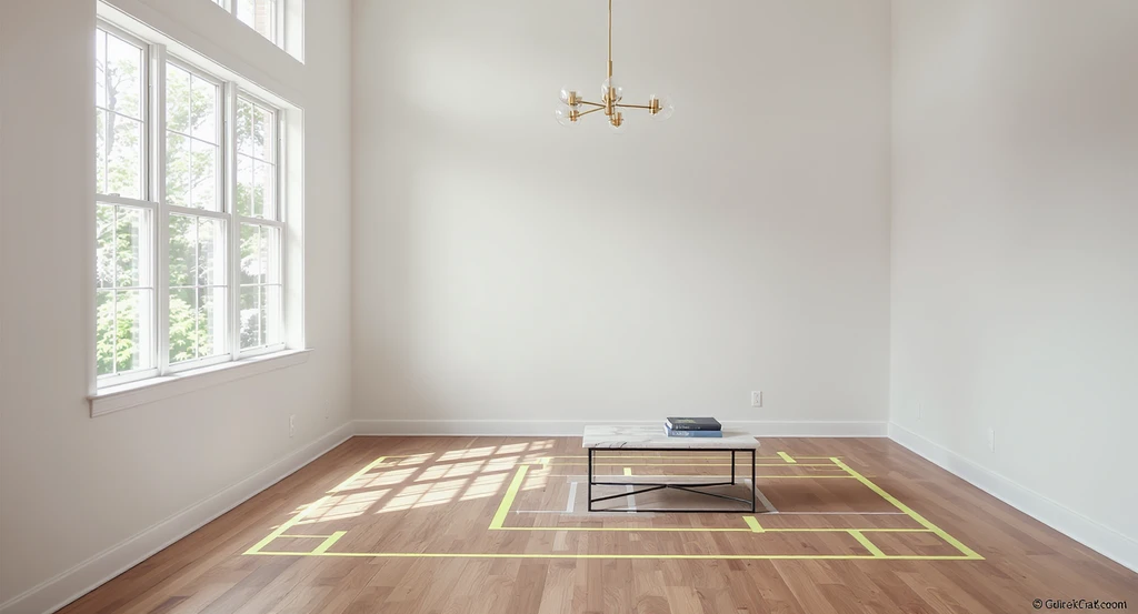 Modern empty living room with large windows, light wood floors, and design books, staged to show how to style an empty living room using 8 Designer Tricks That Make Any Home Look Luxurious on a Budget.