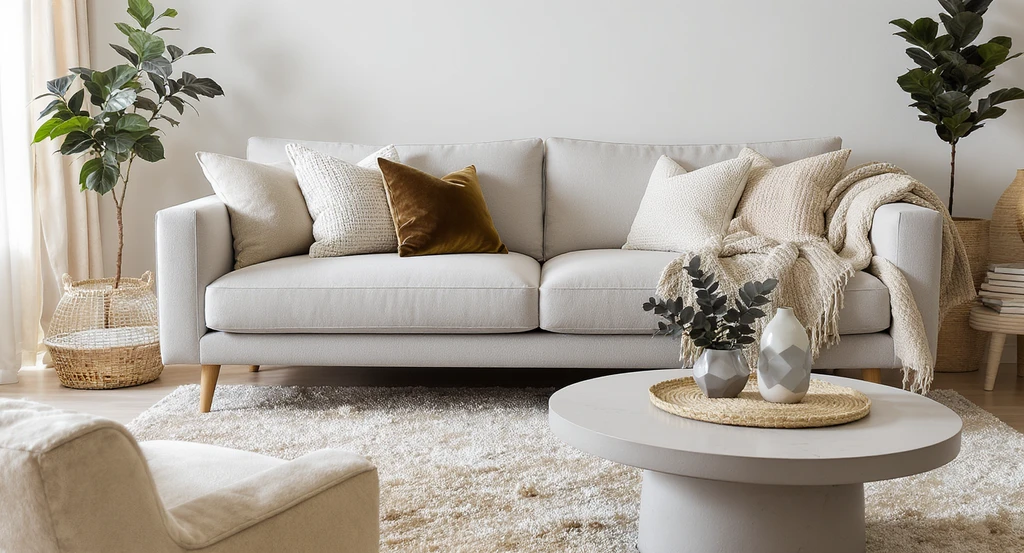 Mixed textures in a budget-friendly living room show how to visualize empty room potential—an 8 Designer Tricks That Make Any Home Look Luxurious on a Budget example.