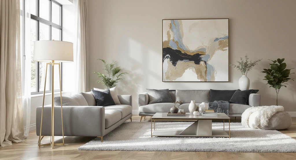 Modern living room showing how to visualize empty room potential, styled with one oversized lamp and large statement art, demonstrating 8 Designer Tricks That Make Any Home Look Luxurious on a Budget and how to style an empty living room to appear luxurious on a budget.