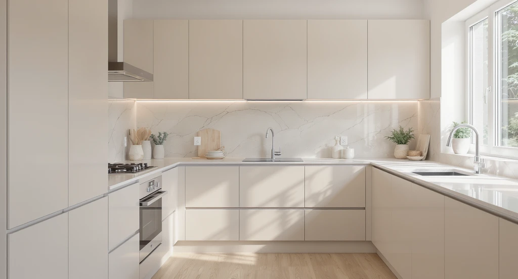 Low-contrast palette small kitchen featuring soft beige cabinets, pale gray backsplash, and light countertops for a seamless, open look. Best small kitchen color ideas for making spaces feel bigger with color.