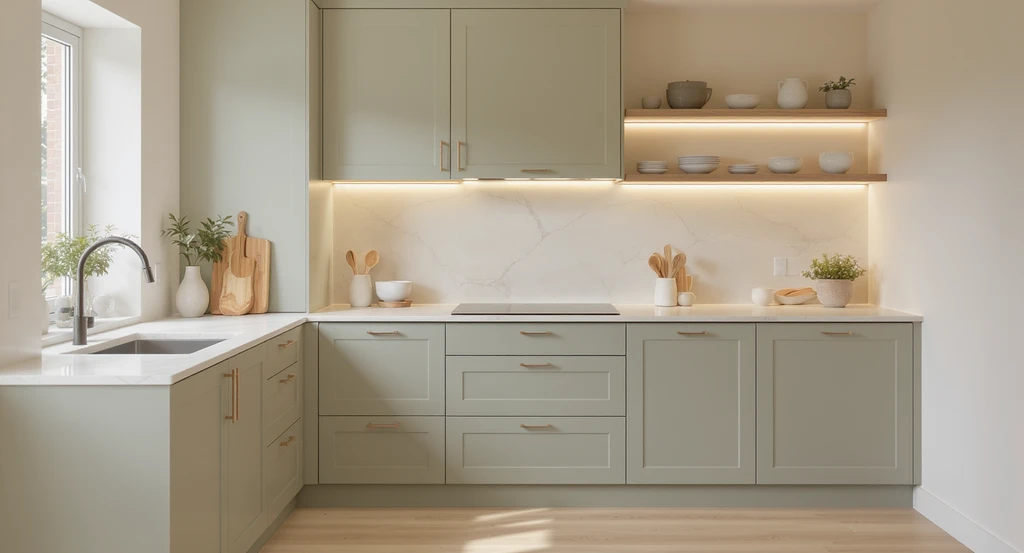 Calming pale sage and dusty olive cabinetry in a small kitchen featuring a pale ochre wall, low contrast backsplash, and natural light to make the space appear bigger. One of the best small kitchen color ideas for a serene, open feel.
