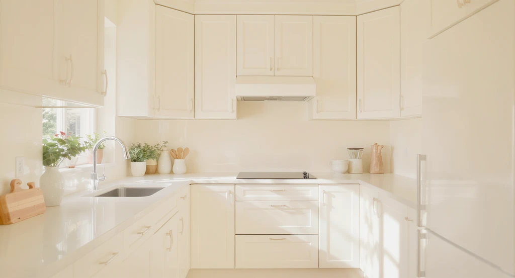 Soft warm whites and creamy off-whites create a restful, spacious look in a small kitchen with low contrast palettes and gentle backsplash tones.