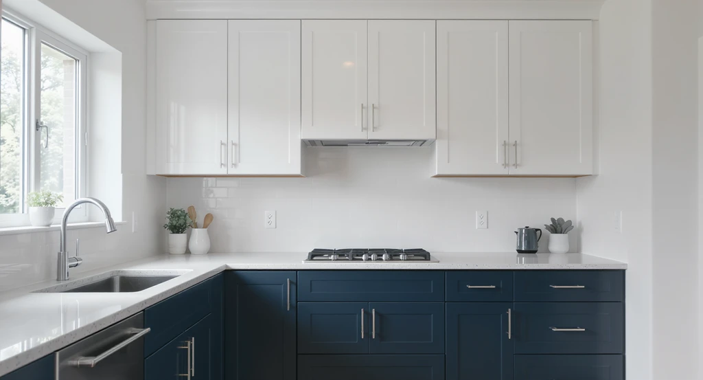 White upper cabinets and shelves above deep navy base cabinets in a small kitchen, using low contrast color palettes to make the kitchen look bigger and brighter.