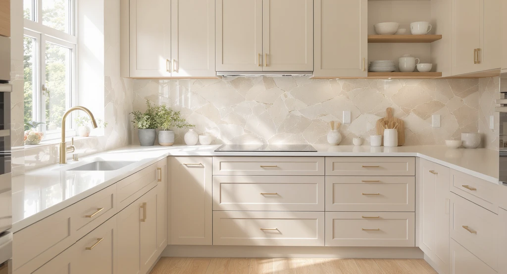 Greige cabinets and mushroom stone backsplash in a small kitchen showing the best small kitchen color ideas and low contrast palettes that make spaces feel bigger, with natural daylight and warm materials.