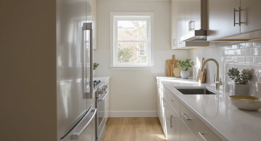 Contemporary small kitchen using the best small kitchen color ideas. Low contrast palettes with pale greige cabinets and soft light backsplash tiles show how to make a small kitchen look bigger with color, highlighting the Best Small Kitchen Colors That Make The Space Feel Bigger and featuring best backsplash colors for small kitchens.