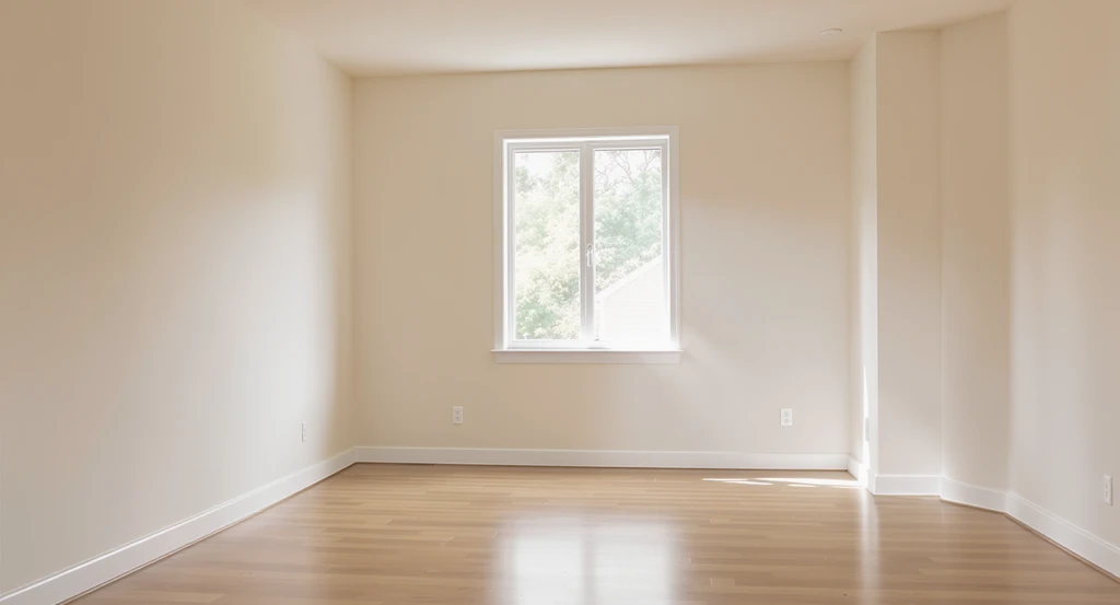 Ultra-realistic view of an empty living room with hardwood floors, neutral walls, and gentle natural light, illustrating steps to create a calming blank room using Living Room Decorating Tricks That Make Spaces Instantly Calmer.